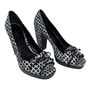 Coach Corey Monogram Signature Peep Toe Platform Heels Pumps Black White 7.5